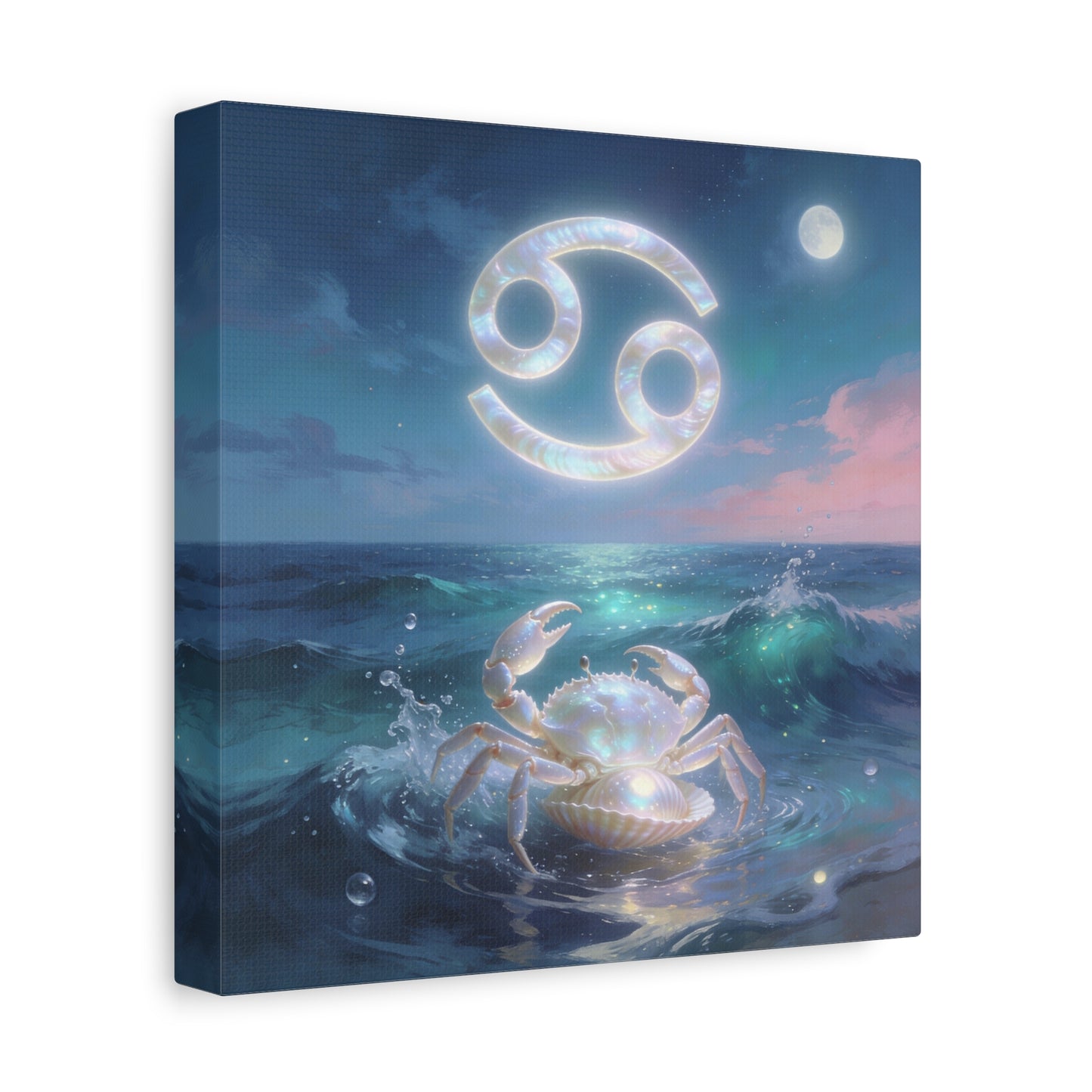Cancer Zodiac Canvas Wall Art - Moonlit Ocean Crab, Iridescent Shell Symbol - Coastal Celestial Print, Dreamy Blue Seascape - Bedroom Home Decoration, Living Room Wall Decor - Bedroom Home Decoration