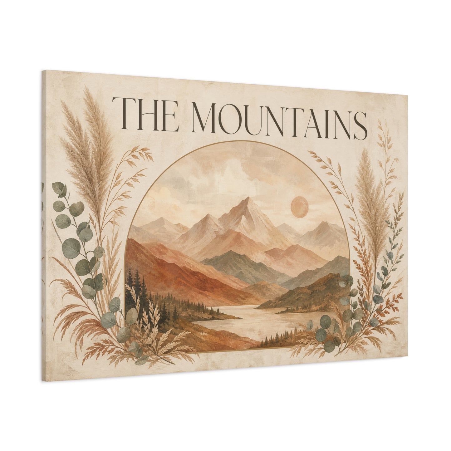 "The Mountains" Mountain Landscape Canvas Wall Art - Neutral Boho Nature Print, Desert Sun Lake Scene, Contemporary Rustic Style - Living Room Wall Decor, Bedroom Home Decoration - Ready to Hang