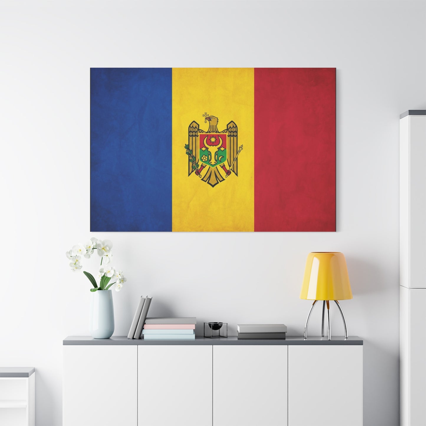 Moldova Flag Canvas Wall Art - Blue Yellow Red Tricolor With Coat Of Arms - Patriotic Heritage Print - Traditional Style - Living Room Wall Decor - Bedroom Home Decoration - Bedroom Home Decoration