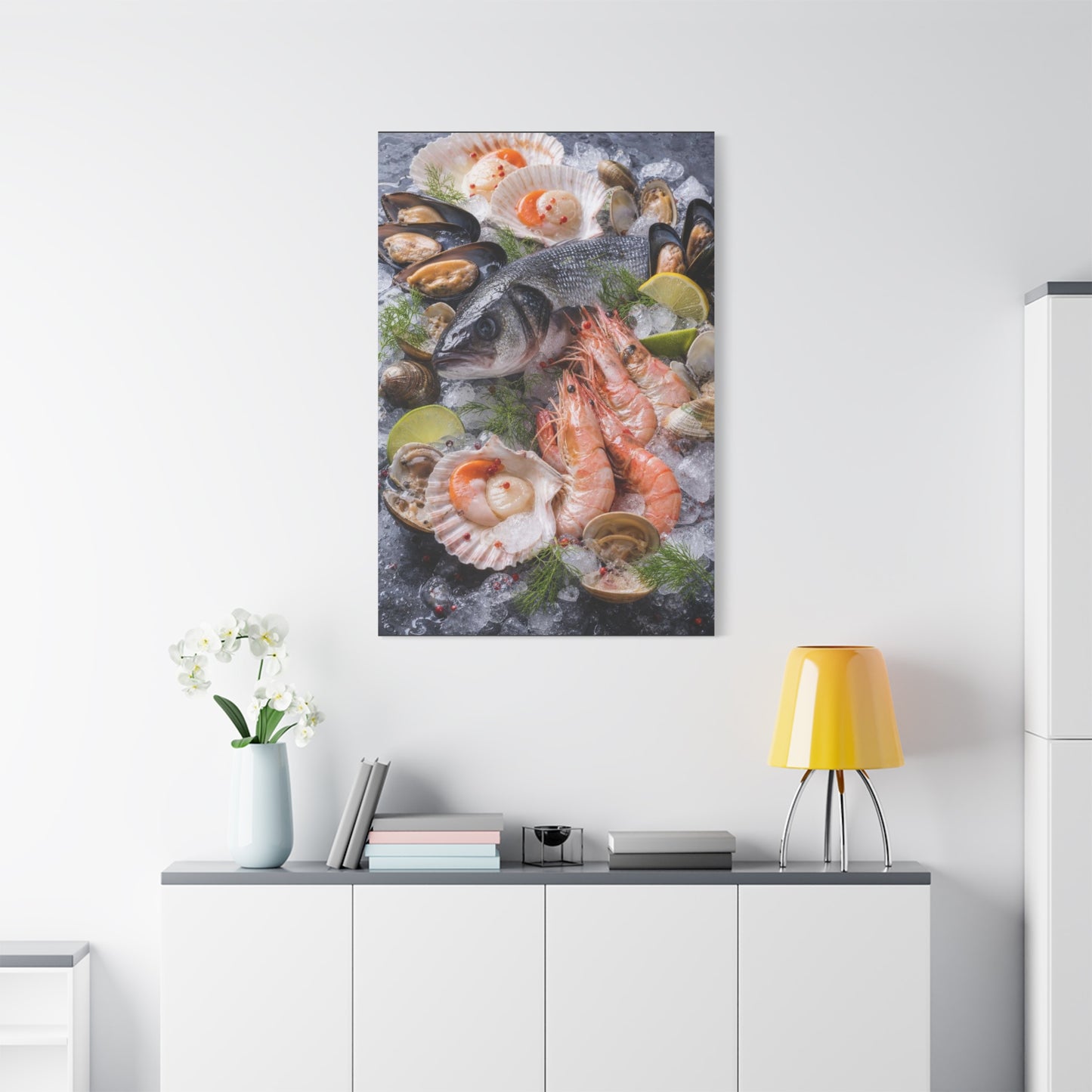 Seafood Still Life Canvas Wall Art - Fish, Shrimp, Scallops On Ice Food Print - Coastal Kitchen Decor, Dining Room Wall Decor, Contemporary Home Decoration, Matte Canvas Print - Modern Farmhouse Style