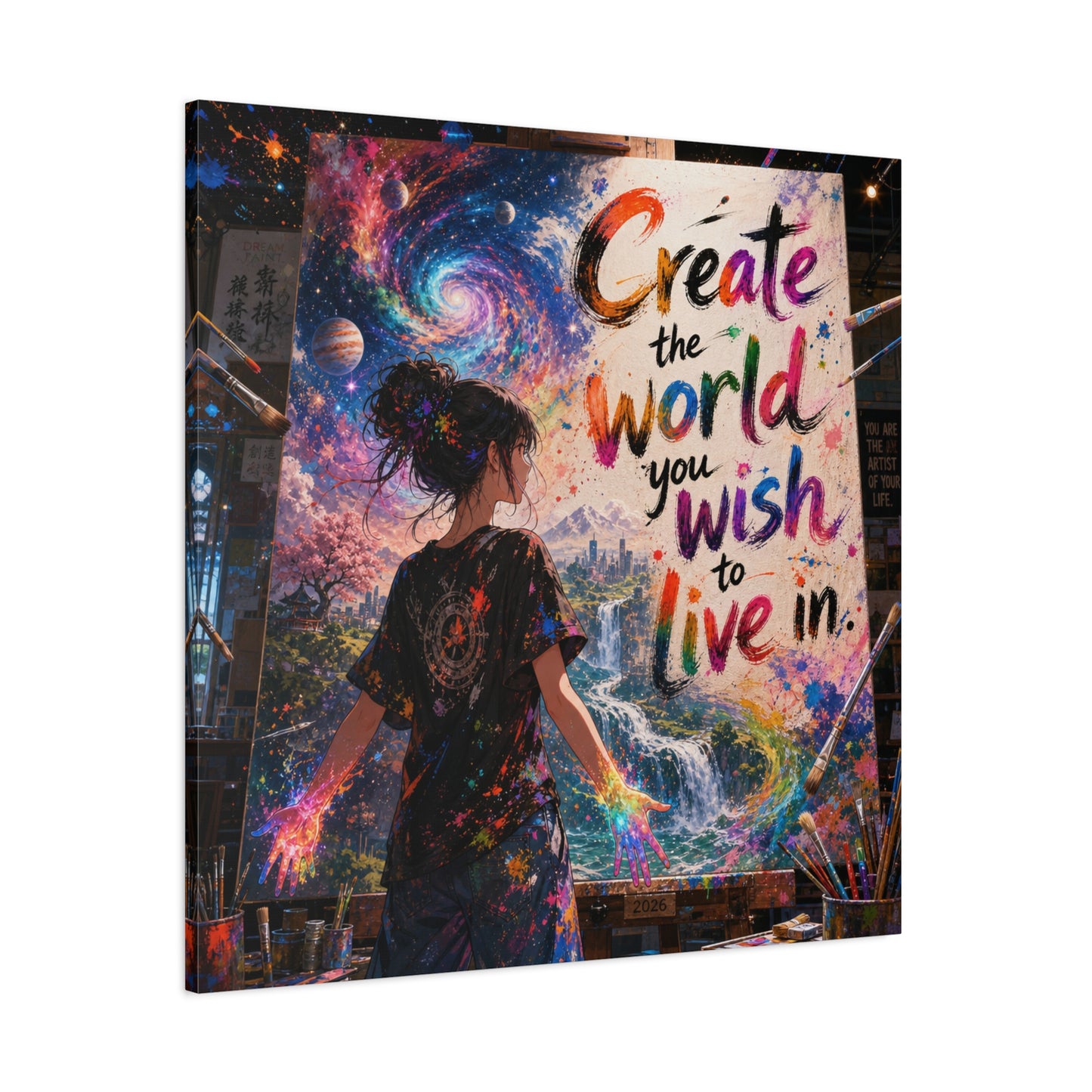 "Create The World You Wish To Live In" Inspirational Canvas Wall Art - Colorful Cosmic Artist Girl Quote Print - Modern Typography Decor - Bedroom Home Decoration, Creative Office Accent
