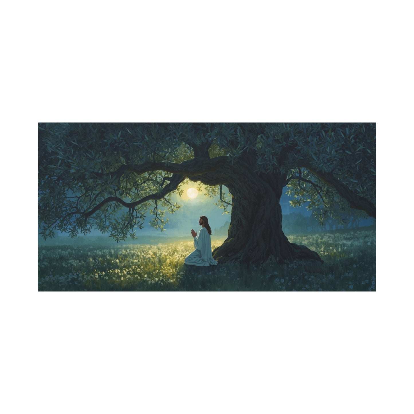 Jesus Praying In Gethsemane Canvas Wall Art - Moonlit Olive Tree Scene, Christian Wall Decor - Matte Cotton Print - Traditional Religious Style For Living Room Bedroom Office - Bedroom Home Decoration