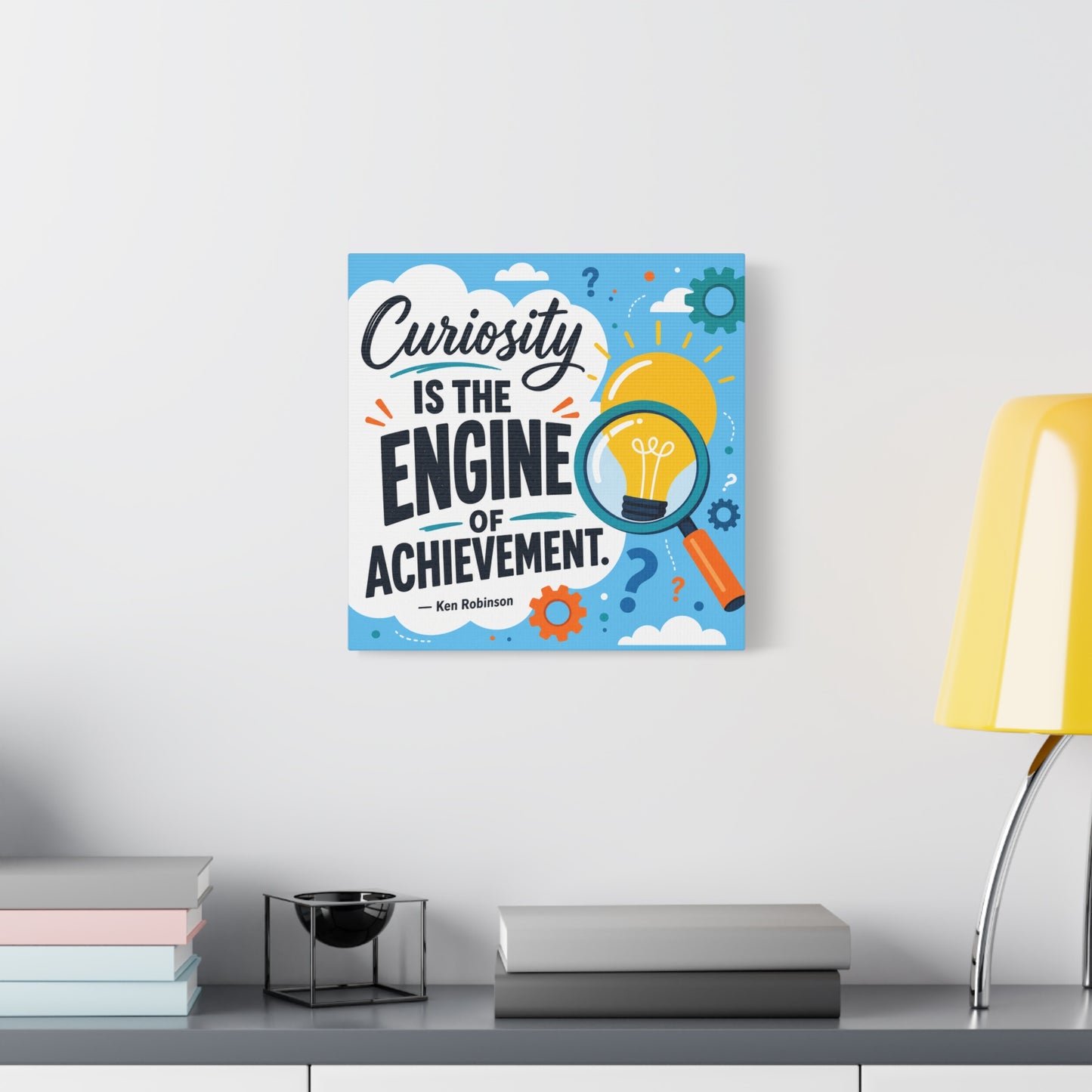"Curiosity Is The Engine Of Achievement." Quote Canvas Wall Art - Classroom Inspirational Decor, Light Bulb Learning Poster, Teacher Office Wall Hanging, Kids Study Room Decoration - Ready to Hang