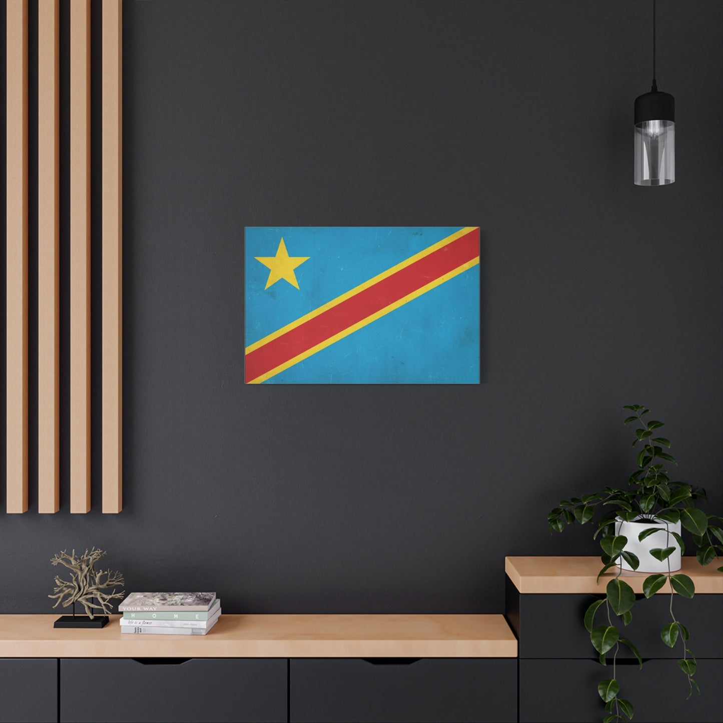 Democratic Republic Of The Congo Flag Canvas Wall Art - Vintage Patriotic Country Print, Distressed Blue Red Yellow Design - Cultural Pride Decor - Living Room Bedroom Office Accent - Office Wall Art