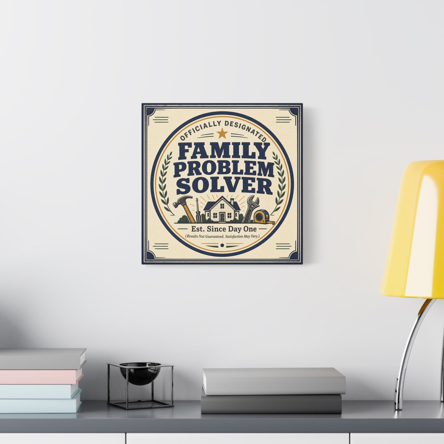 "Officially Designated Family Problem Solver" Canvas Wall Art - Vintage Typography Home Sign, Rustic Farmhouse Style, Humorous Quote Print, Living Room Wall Decor - Ready to Hang - Ready to Hang