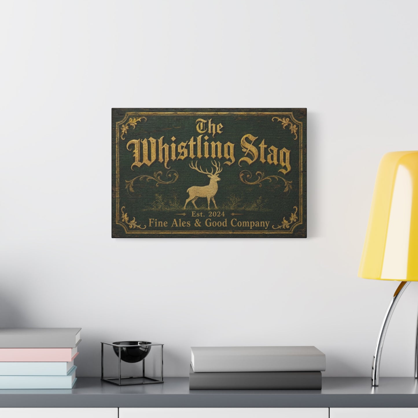 "The Whistling Stag" Canvas Wall Art - Vintage Deer Tavern Sign, Rustic Typography Print - Woodland Pub Style, Green And Gold - Bar Cart Accent - Ready to Hang - Pub Wall Art - Cocktail Lounge Decor