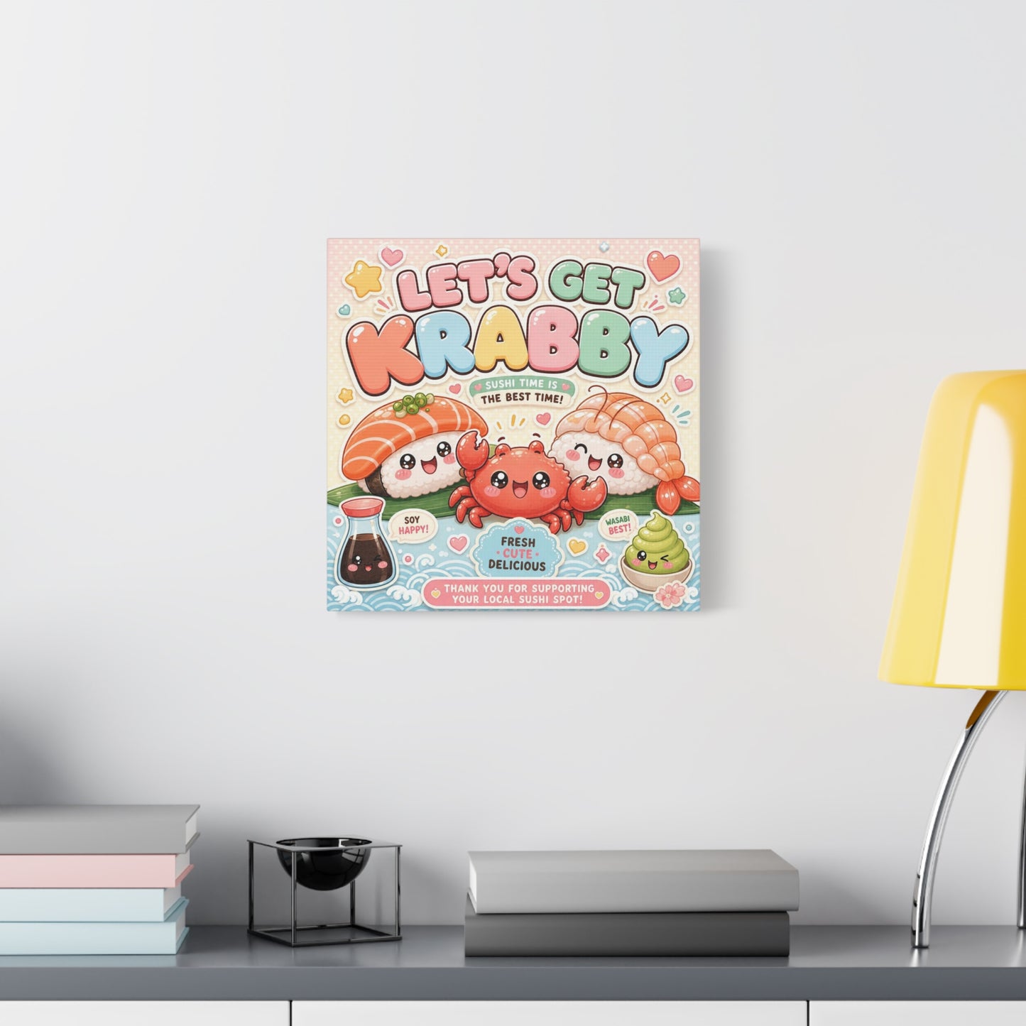 "Let's Get Krabby" Sushi Quote Canvas Wall Art - Kawaii Salmon Nigiri Shrimp Crab Illustration - Pastel Typography - Cafe Wall Decor, Restaurant Wall Hanging, Cute Food Sign - Reception Area Decor