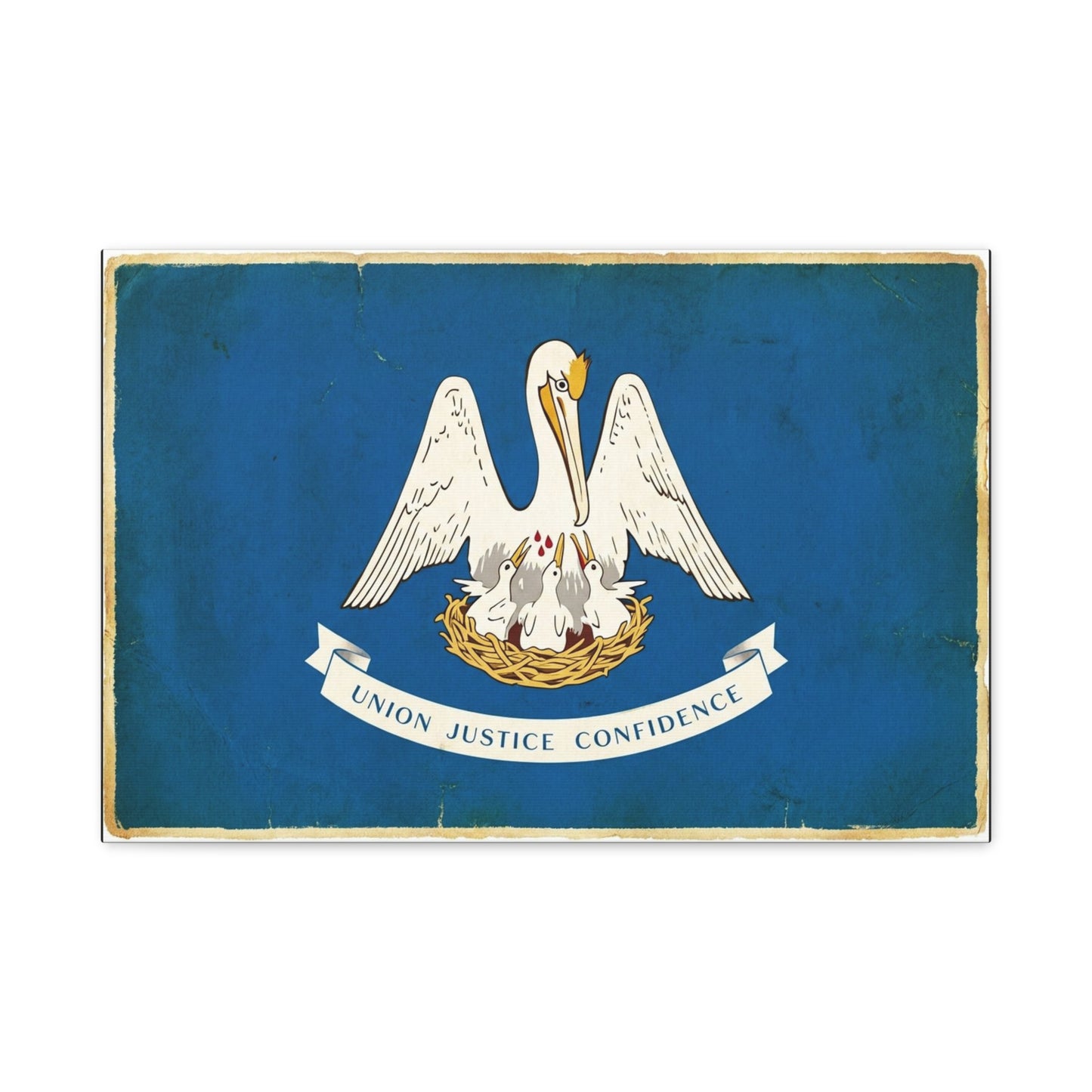 "Union Justice Confidence" Louisiana State Flag Canvas Wall Art - Vintage Pelican Crest Print, Distressed Blue Banner, Patriotic Traditional Decor - Living Room Office Wall Decor - Ready to Hang
