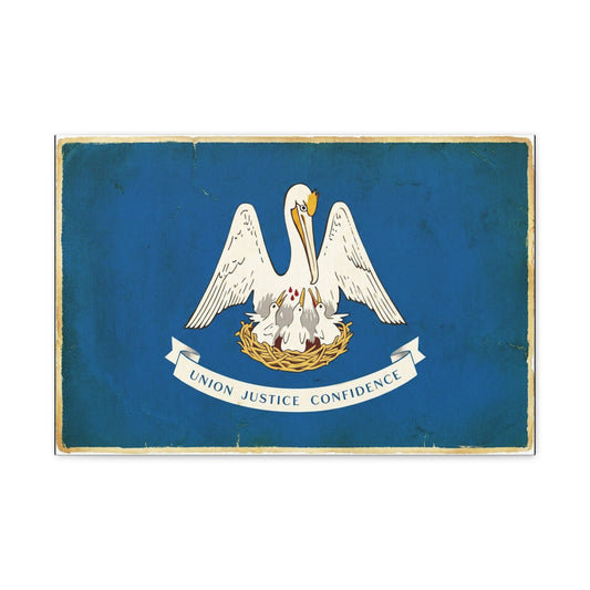 "Union Justice Confidence" Louisiana State Flag Canvas Wall Art - Vintage Pelican Crest Print, Distressed Blue Banner, Patriotic Traditional Decor - Living Room Office Wall Decor - Ready to Hang