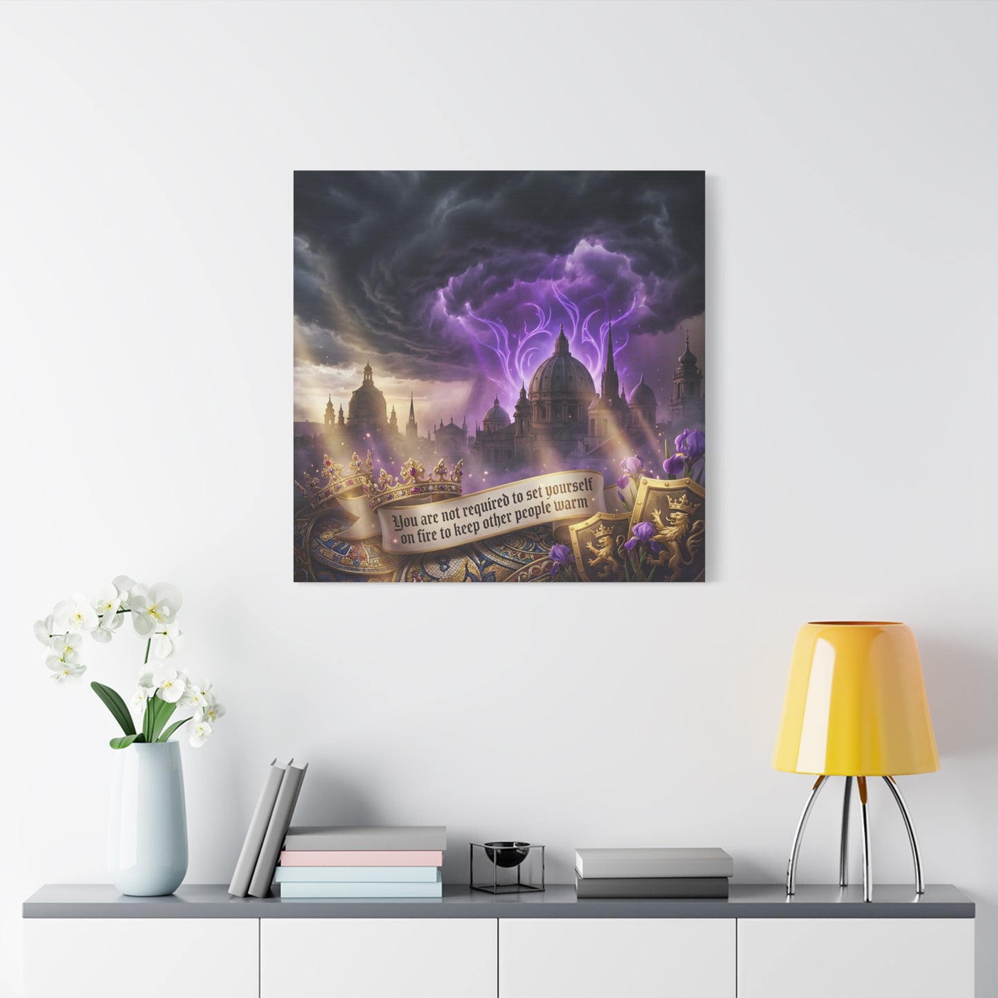 "You Are Not Required To Set Yourself On Fire" Canvas Wall Art - Gothic Castle Quote Decor, Purple Storm Sky, Crown And Iris Fantasy Print - Bedroom Home Decoration, Living Room Accent - Ready to Hang