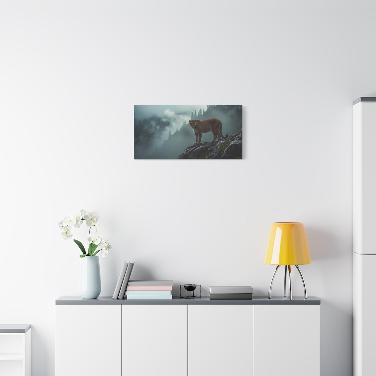 Mountain Lion Canvas Wall Art - Misty Forest Wildlife Landscape, Matte Canvas Print - Moody Contemporary Nature Decor - Living Room Wall Decor, Office Art, Rustic Lodge Accent - Modern Farmhouse Style