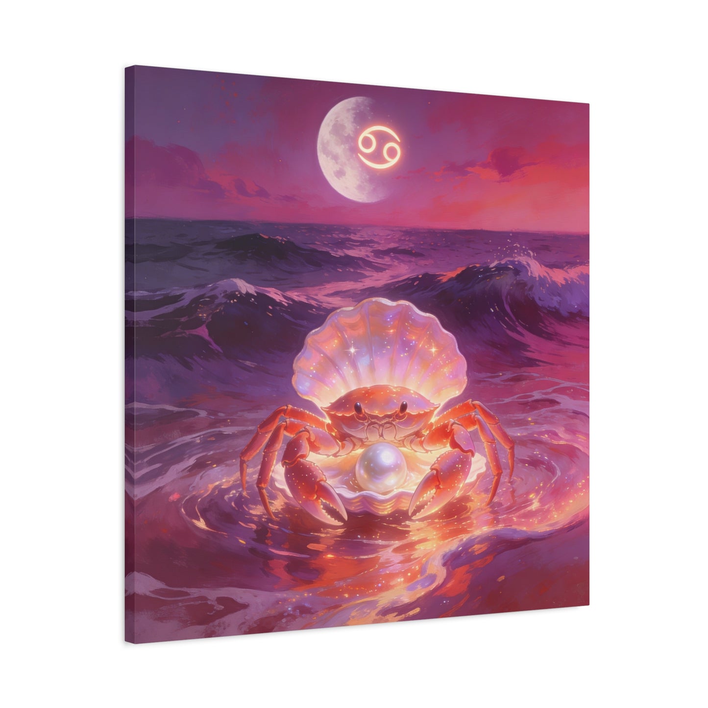 Cancer Zodiac Crab Canvas Wall Art - Moonlit Ocean Pearl Illustration, Pink Purple Seascape - Surreal Coastal Style - Living Room Wall Decor, Bedroom Home Decoration - Bedroom Home Decoration