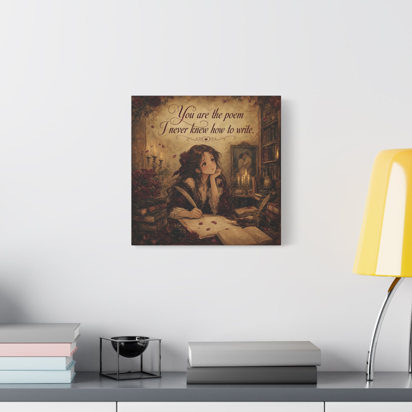 "You Are The Poem I Never Knew How To Write" Quote Canvas Wall Art - Romantic Gothic Library Girl Illustration - Vintage Brown Decor - Bedroom Wall Hanging, Teenager Room Decor - Ready to Hang