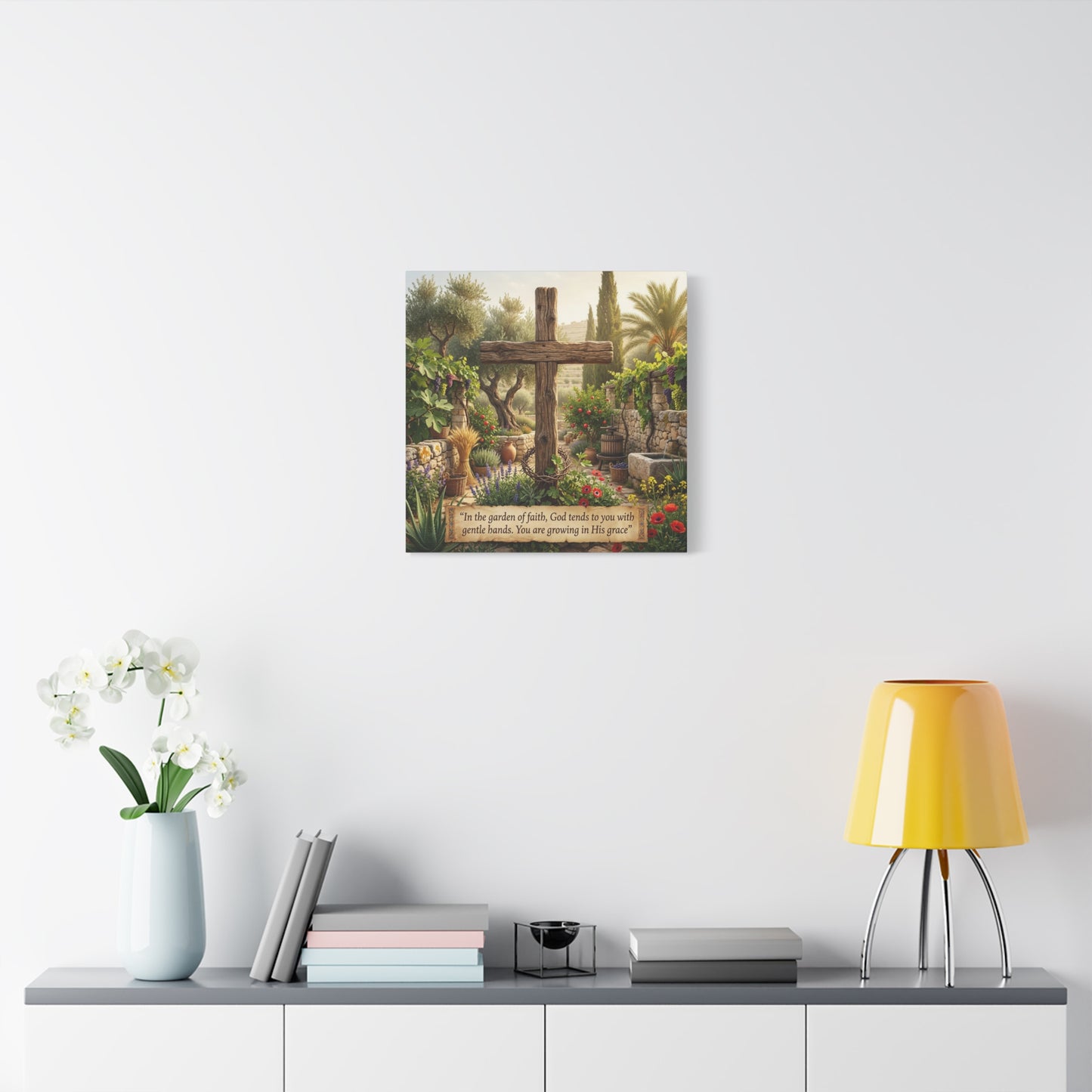 "In The Garden Of Faith, God Tends To You With Gentle Hands. You Are Growing In His Grace" Canvas Wall Art - Rustic Wooden Cross, Christian Garden Scene - Living Room Wall Decor - Ready to Hang