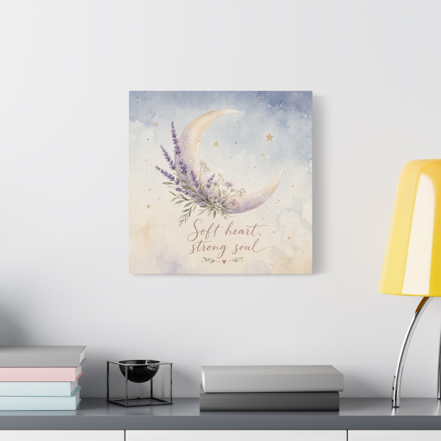 "Soft Heart, Strong Soul" Moon Canvas Wall Art - Lavender Floral Celestial Quote Print - Watercolor Nursery Bedroom Decor - Bohemian Home Decoration - Office Wall Art - Bedroom Home Decoration