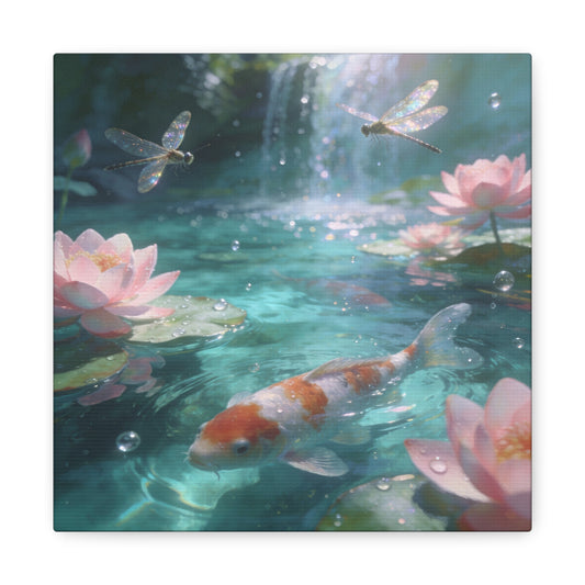 Koi Fish Lotus Canvas Wall Art - Dragonflies Over Teal Pond Water, Pink Water Lily Floral Scene - Dreamy Matte Canvas Print - Bedroom Wall Decor, Living Room Home Accent - Bedroom Home Decoration