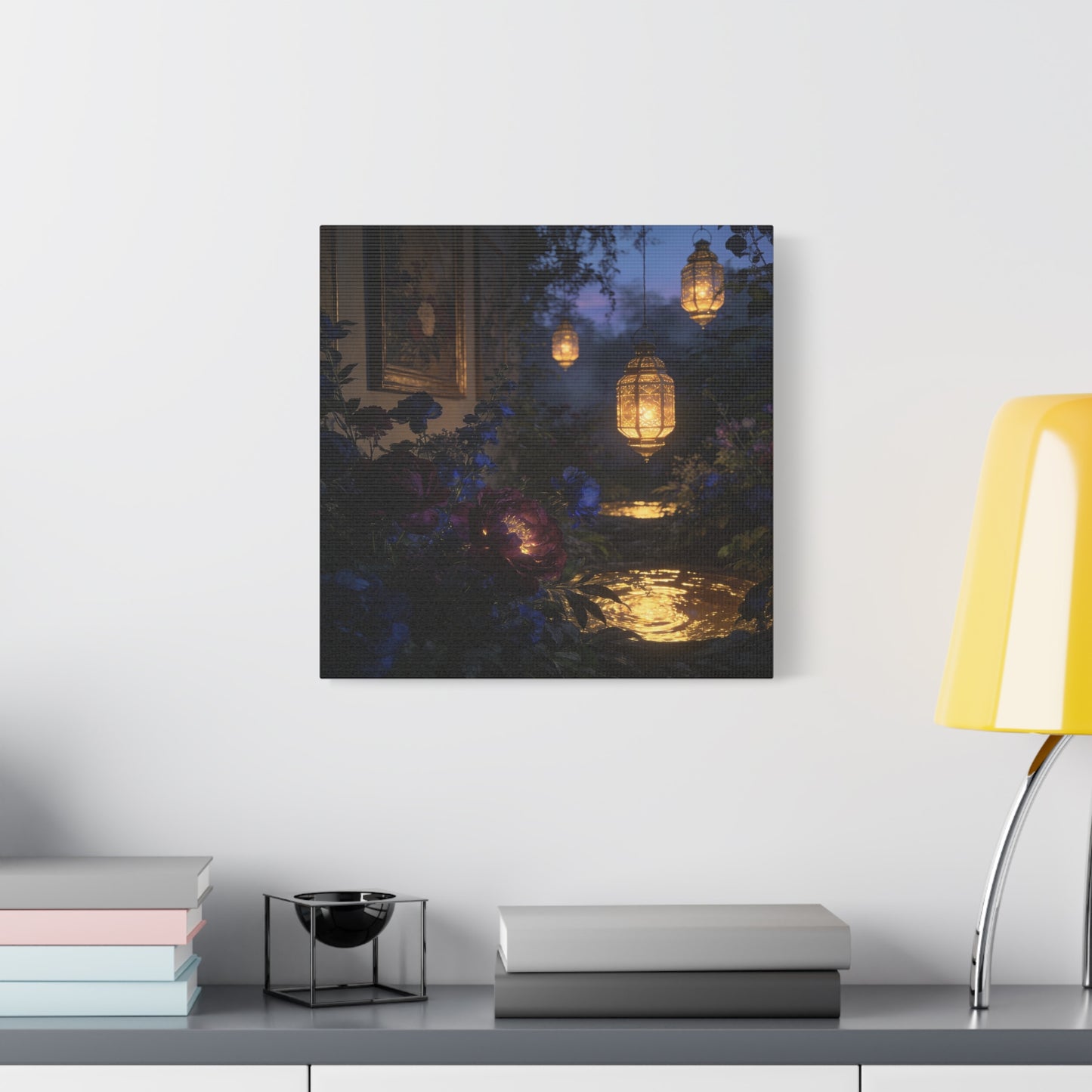 Lantern Garden Canvas Wall Art - Twilight Floral Courtyard, Glowing Water Reflections - Moody Botanical Night Scene, Matte Canvas Print - Bedroom Wall Decor, Living Room Accent - Cozy Reading Nook Art