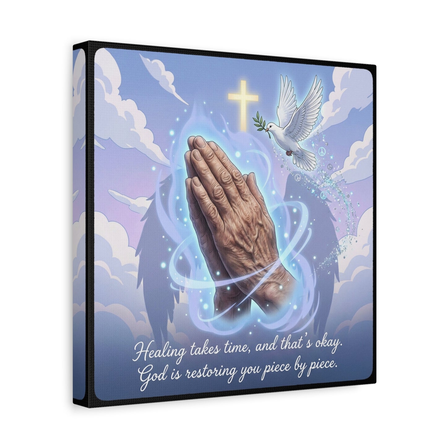 "Healing Takes Time, And That’s Okay. God Is Restoring You Piece By Piece." Christian Canvas Wall Art - Praying Hands, Dove, Cross - Faith Inspired Blue Sky Decor - Bedroom Living Room Office