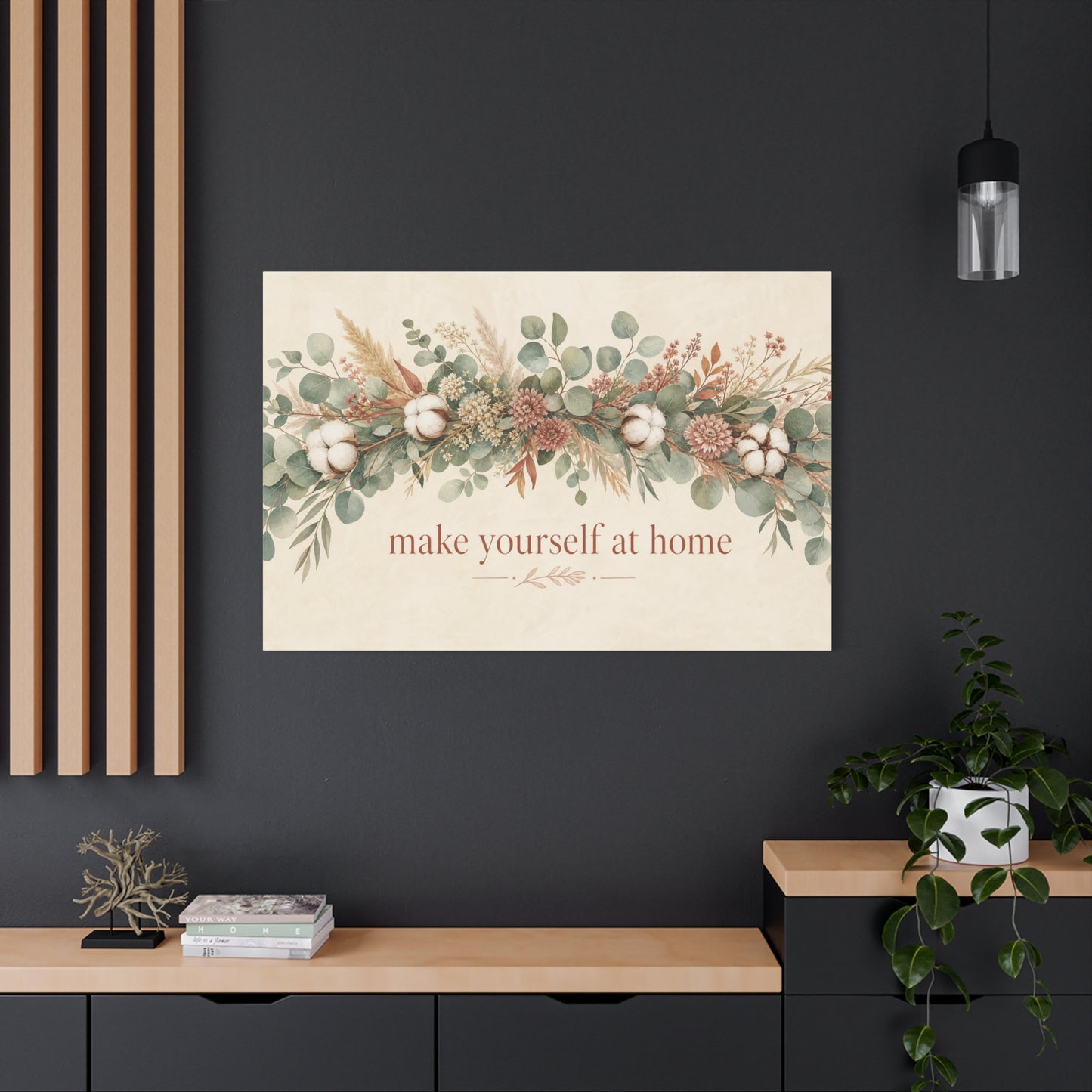 "Make Yourself At Home" Botanical Canvas Wall Art - Eucalyptus Cotton Stem Floral Quote Print - Rustic Farmhouse Style - Living Room Wall Decor - Modern Farmhouse Style - Bedroom Home Decoration