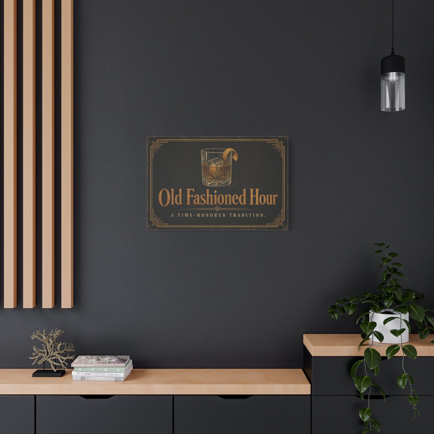 "Old Fashioned Hour" Canvas Wall Art - Vintage Whiskey Glass Quote Print, Art Deco Bar Cart Decor - Matte Cotton Wall Hanging - Speakeasy Lounge Style, Home Bar - Ready to Hang - Cocktail Lounge Decor