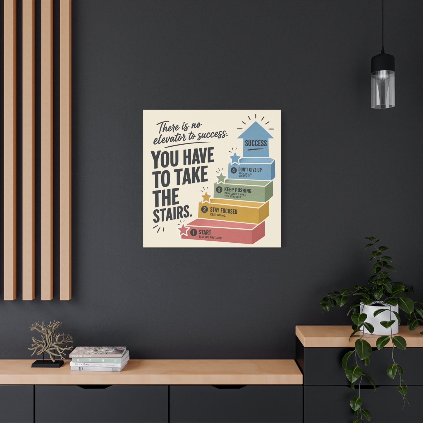 "There Is No Elevator To Success. You Have To Take The Stairs." Motivational Canvas Wall Art - Typography Quote Print, Office Decor, Classroom Poster, Modern Inspirational Home Decoration