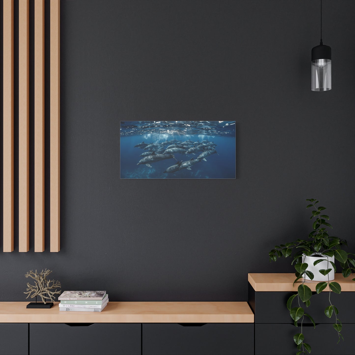 Dolphin Pod Canvas Wall Art - Underwater Ocean Art Print, Blue Marine Wildlife Decor - Matte Coastal Style - Living Room Wall Decor, Bedroom Home Decoration - Bedroom Home Decoration