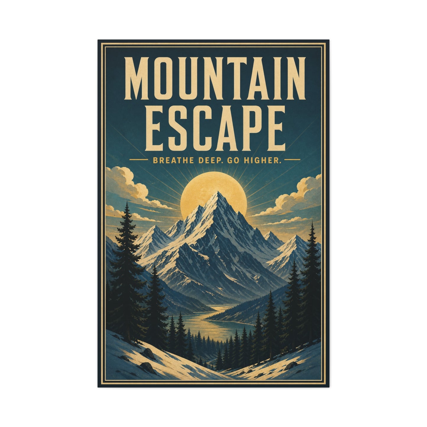 "Mountain Escape Breathe Deep. Go Higher." Canvas Wall Art - Vintage Mountain Landscape Poster Print, Sunlit Alpine Peaks, Rustic Lodge Style, Living Room Wall Decor, Office Art - Ready to Hang