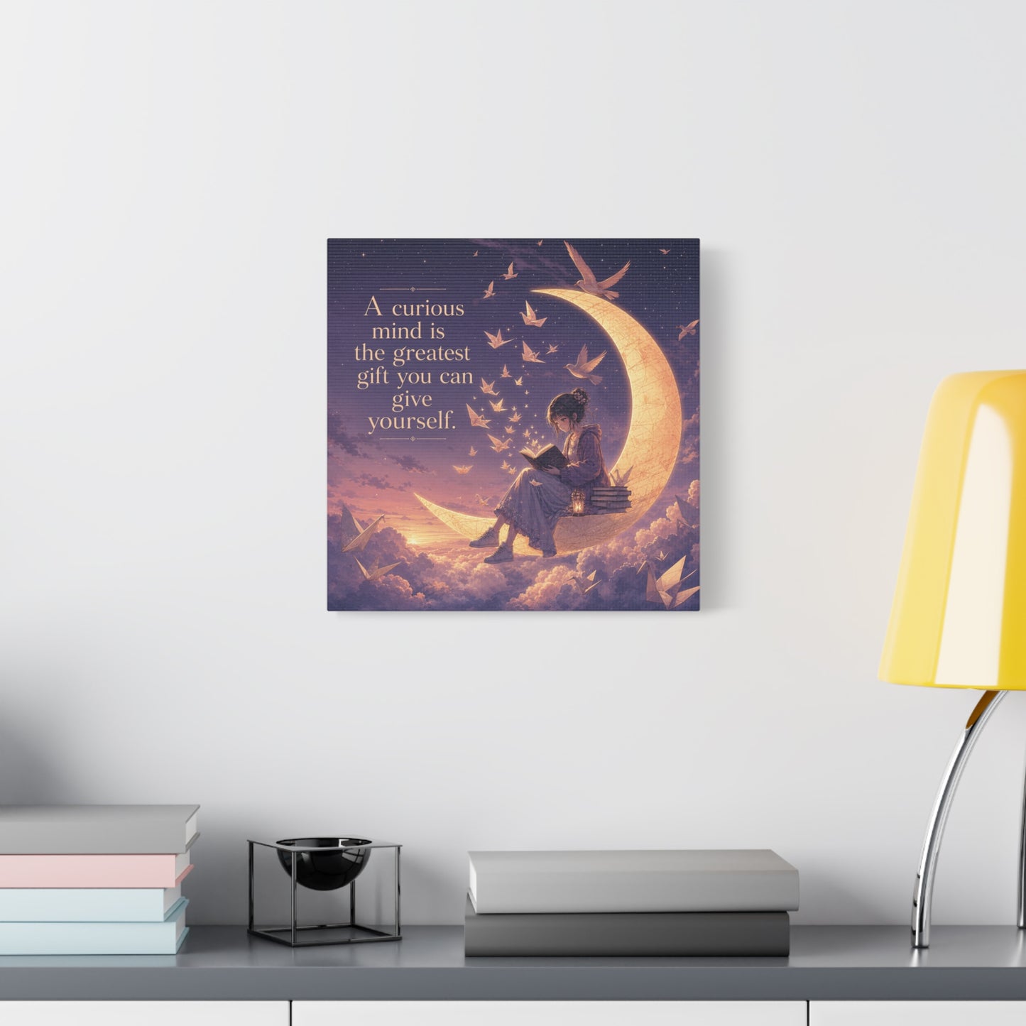 "A Curious Mind Is The Greatest You Can Give Yourself" Canvas Wall Art - Moon Reading Girl Quote Print, Dreamy Celestial Illustration - Bedroom Wall Decor, Home Office Accent - Ready to Hang