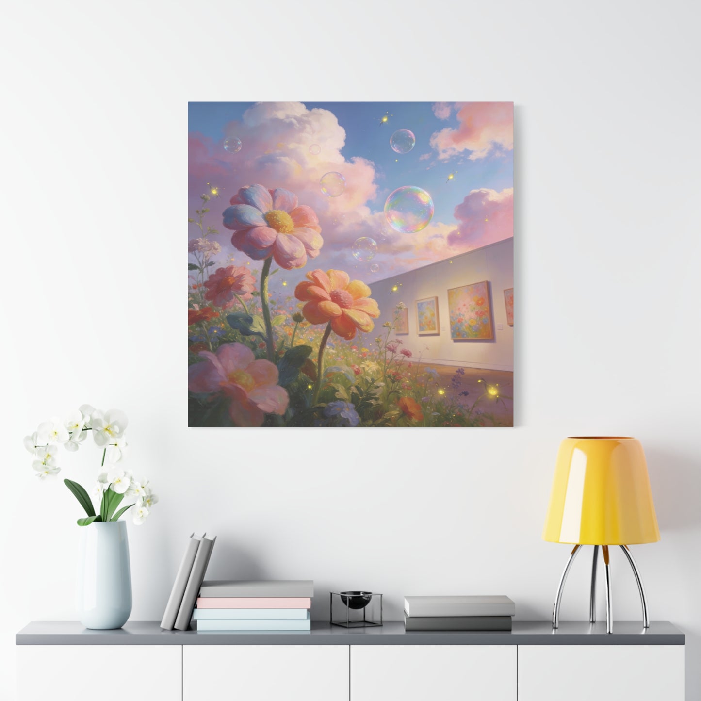Dreamy Floral Canvas Wall Art - Pastel Wildflower Sky With Iridescent Bubbles, Firefly Glow - Whimsical Matte Canvas Print - Contemporary Bedroom Wall Decor, Living Room Accent - Cozy Reading Nook Art