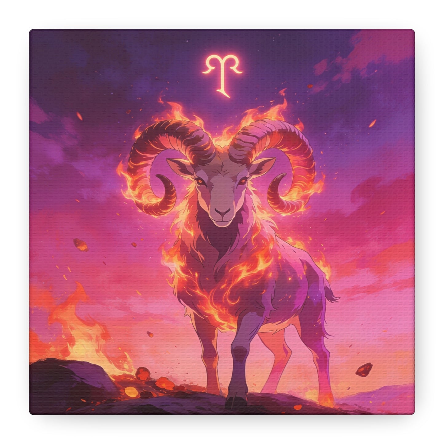 Aries Ram Canvas Wall Art - Fiery Zodiac Illustration, Purple Pink Flame Sky, Matte Canvas Print, Modern Fantasy Style, Bedroom Wall Decor, Home Office Accent, Statement Piece For Astrology Lovers