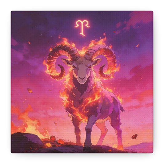 Aries Ram Canvas Wall Art - Fiery Zodiac Illustration, Purple Pink Flame Sky, Matte Canvas Print, Modern Fantasy Style, Bedroom Wall Decor, Home Office Accent, Statement Piece For Astrology Lovers