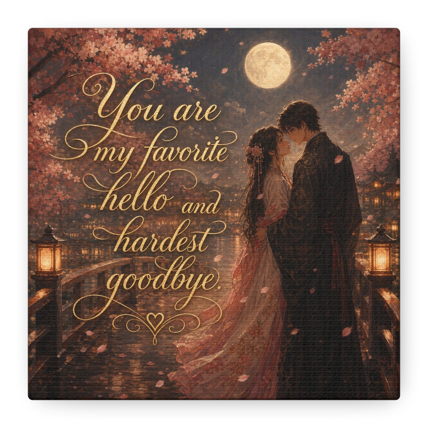"You Are My Favorite Hello And Hardest Goodbye" Romantic Canvas Wall Art - Moonlit Cherry Blossom Couple, Gold Script Quote Print - Traditional Love Decor, Bedroom Wall Hanging - Cozy Reading Nook Art