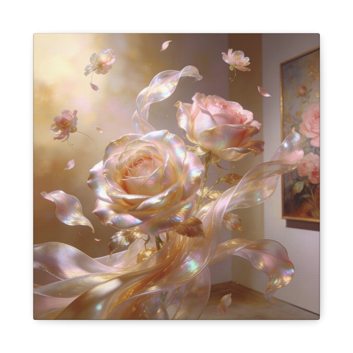 Iridescent Pink Rose Canvas Wall Art - Pearlescent Floral Wall Decor, Dreamy Botanical Home Decoration - Luminous Matte Canvas Print - Romantic Contemporary Style, Bedroom Accent - Ready to Hang