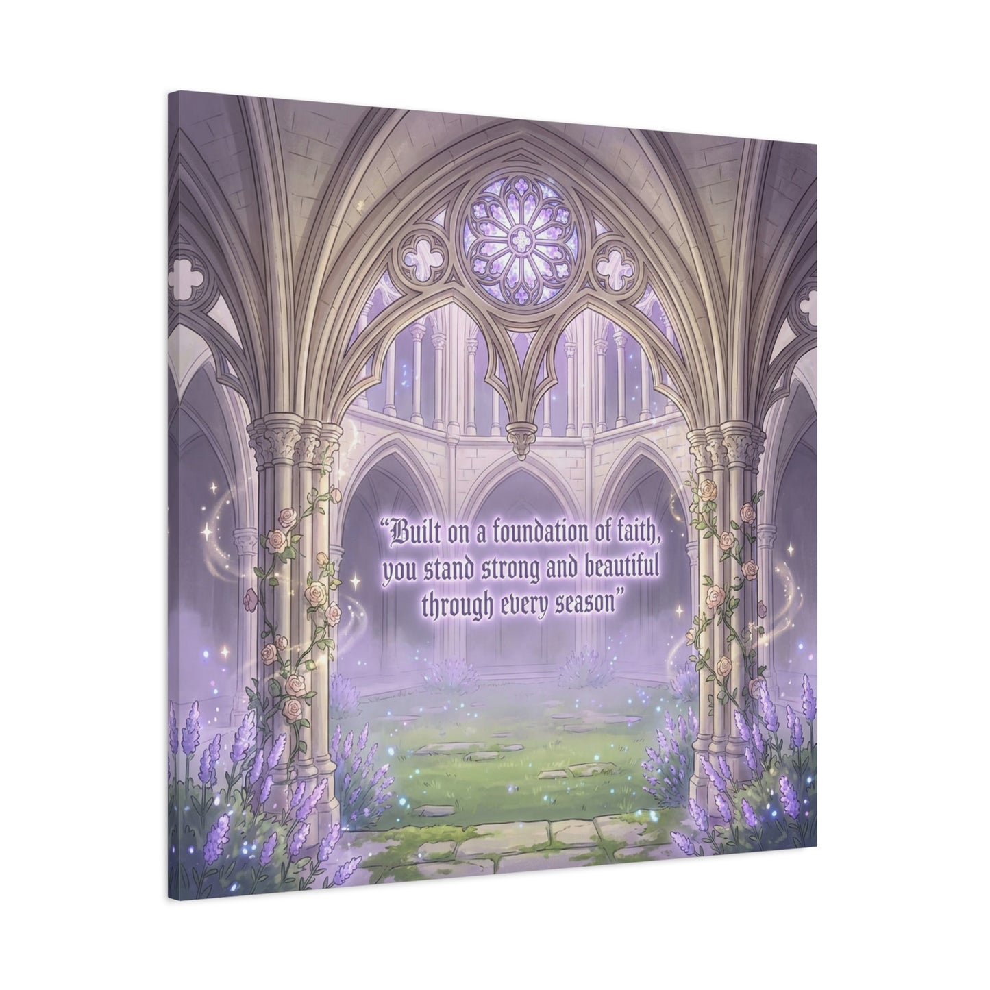 "Built On A Foundation Of Faith, You Stand Strong And Beautiful Through Every Season" Canvas Wall Art - Gothic Cathedral Arch Quote Print - Lavender Floral Decor For Bedroom Living Room
