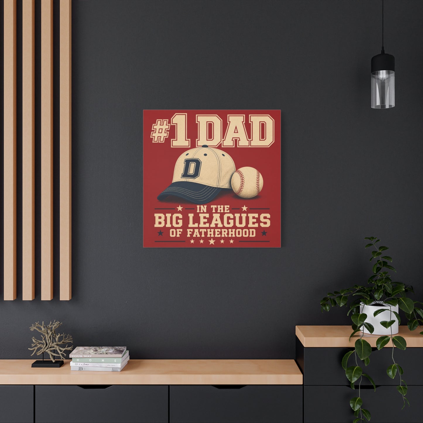 "#1 Dad In The Big Leagues Of Fatherhood" Baseball Canvas Wall Art - Vintage Sports Typography, Cap And Ball Illustration - Rustic Americana Style - Living Room Wall Decor - Bedroom Home Decoration