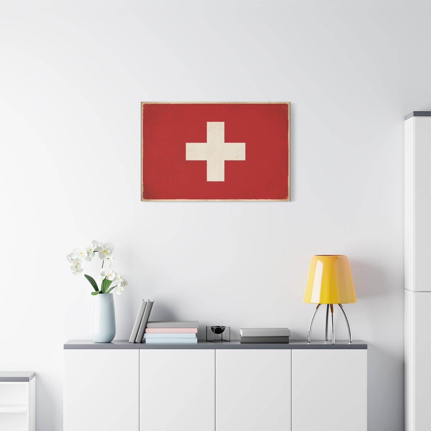 Swiss Flag Canvas Wall Art - Vintage Red White Cross Print, Patriotic Minimalist Decor - Rustic Travel Style - Living Room Wall Decor, Office Art - Bedroom Home Decoration - Bedroom Home Decoration
