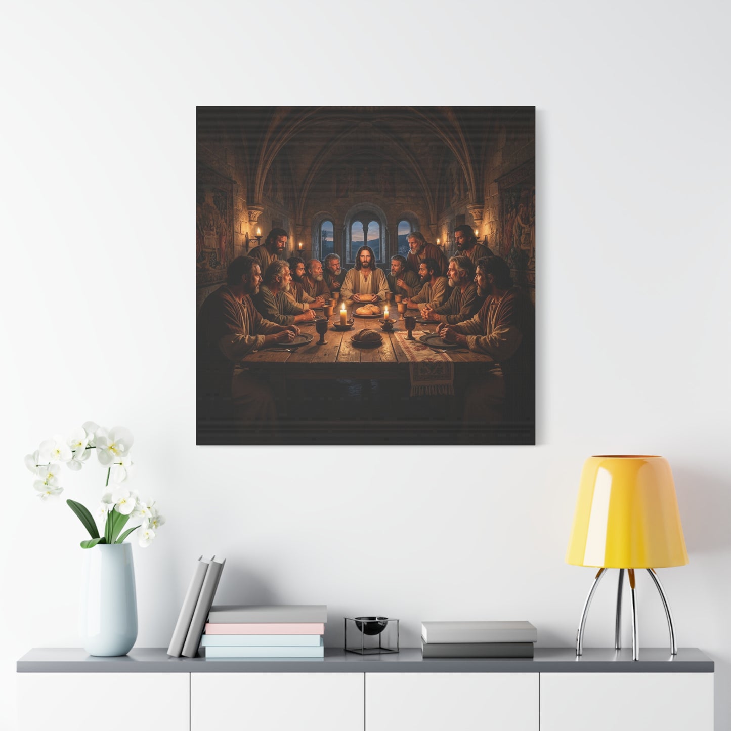 Jesus Christ Last Supper Canvas Wall Art - Apostles At Candlelit Table, Christian Wall Decor - Matte Cotton Print Religious Home Decoration - Traditional Living Room Office - Bedroom Home Decoration