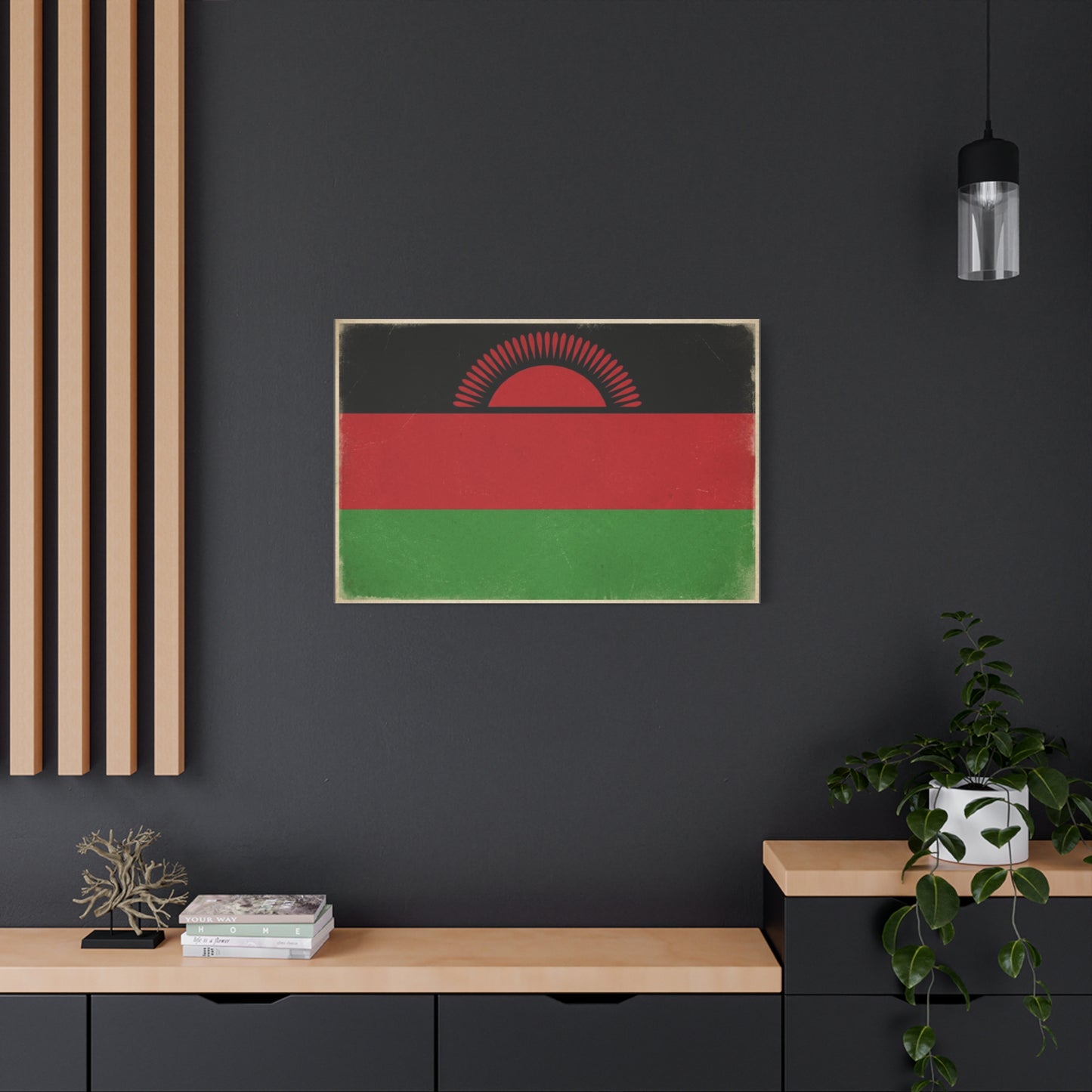 Malawi Flag Canvas Wall Art - Vintage Rising Sun National Flag Print, Pan African Red Black Green Design - Matte Canvas Decor - Living Room Wall Decor, Office Art Accent - Bedroom Home Decoration