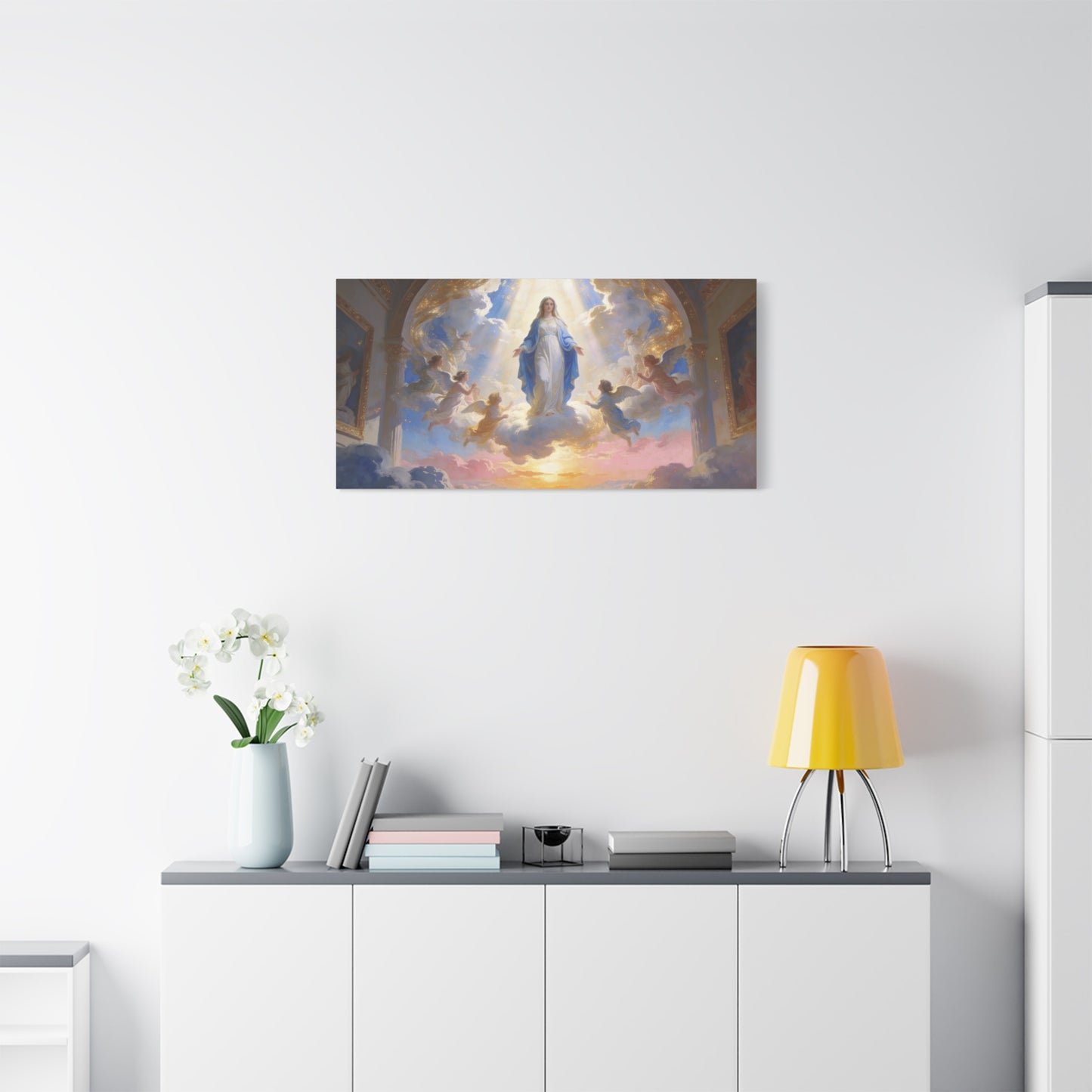Virgin Mary Canvas Wall Art - Heavenly Religious Painting With Angels, Blue And Gold Clouds - Matte Cotton Canvas Print - Traditional Sacred Style For Bedroom Living Room Decor - Office Wall Art