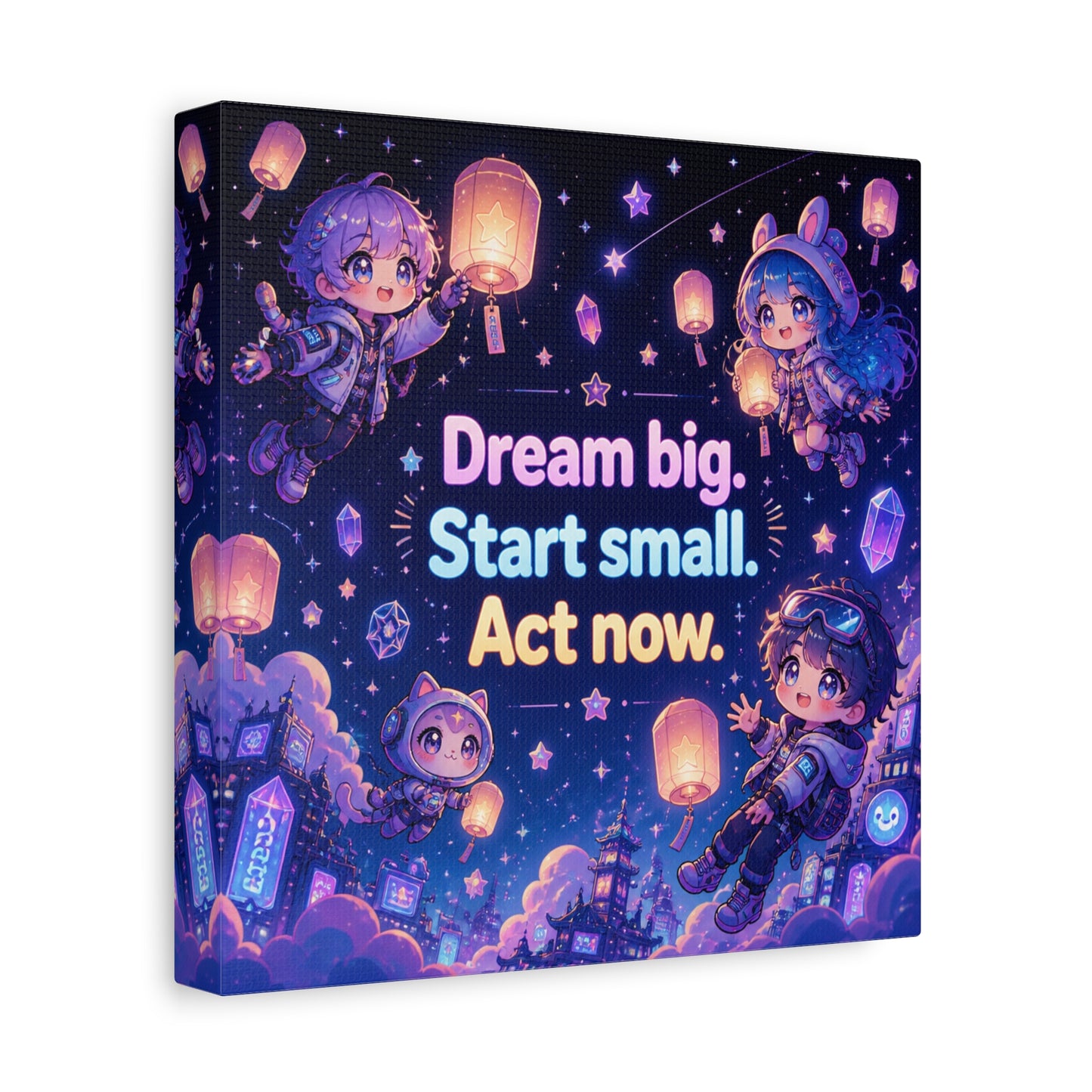 "Dream Big. Start Small. Act Now." Inspirational Canvas Wall Art - Kawaii Space Kids, Star Lantern Night Sky Quote Print - Neon Purple Blue Decor, Bedroom Home Decoration, Teen Room Accent