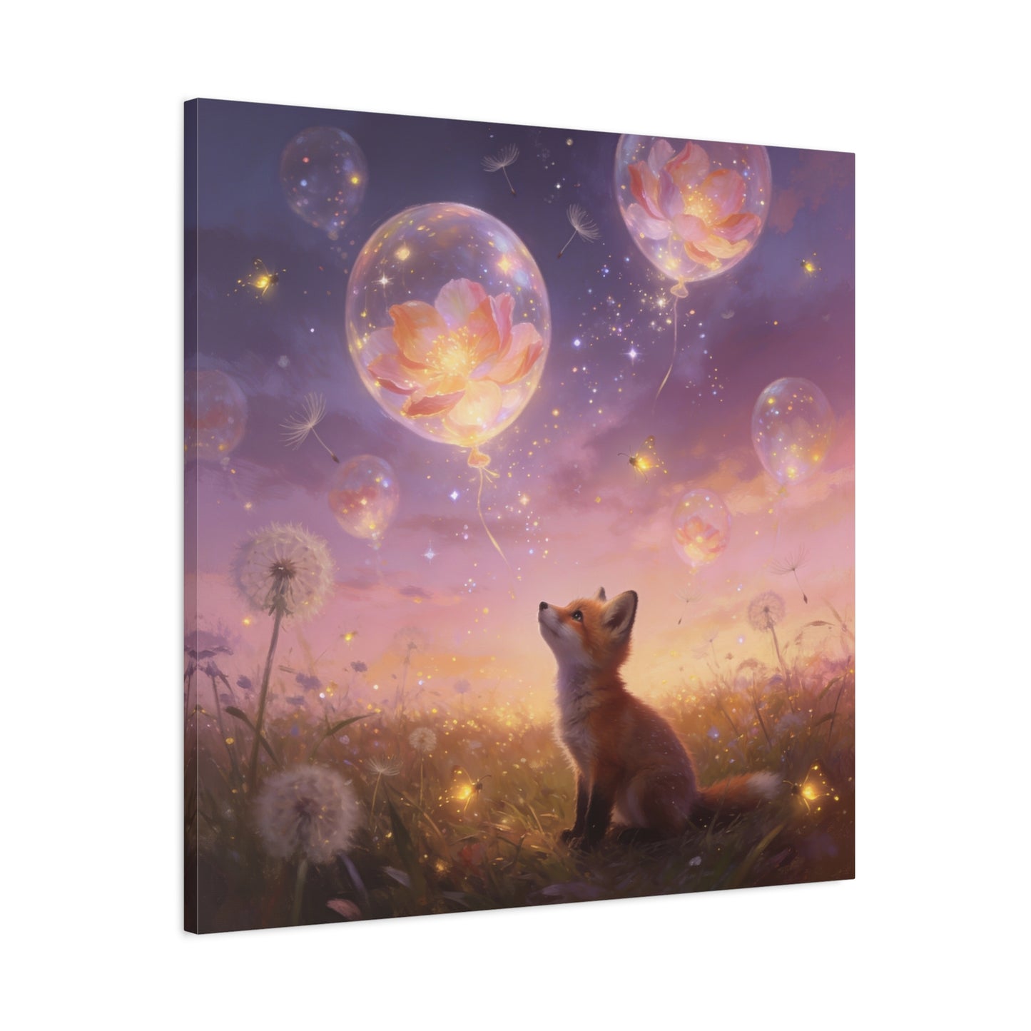 Fox Canvas Wall Art - Whimsical Fox Under Floral Balloons, Dreamy Twilight Meadow Canvas Print - Pastel Fantasy Style, Living Room Wall Decor, Bedroom Home Decoration - Bedroom Home Decoration