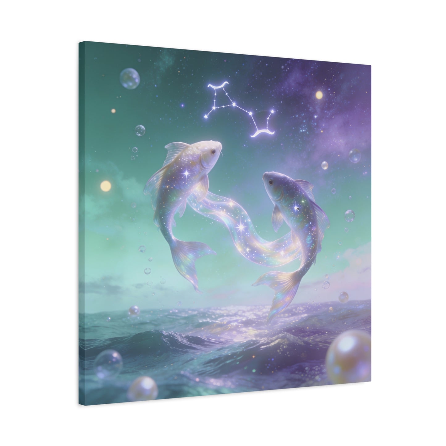 Pisces Fish Canvas Wall Art - Celestial Ocean Zodiac Illustration, Dreamy Aurora Nightscape, Matte Cotton Print, Mystical Bedroom Accent, Meditation Space Piece, Office Interior Style - Ready to Hang