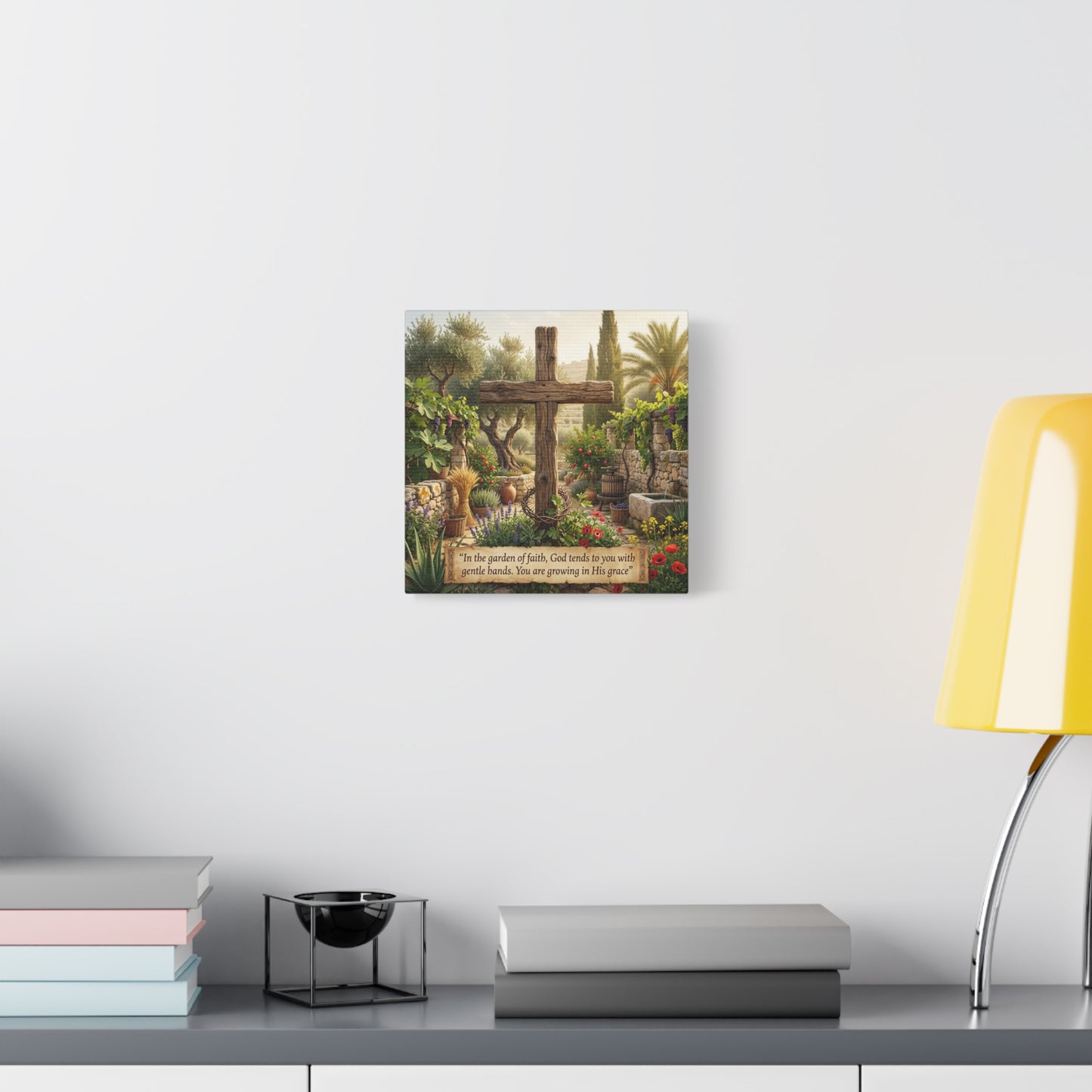 "In The Garden Of Faith, God Tends To You With Gentle Hands. You Are Growing In His Grace" Canvas Wall Art - Rustic Wooden Cross, Christian Garden Scene - Living Room Wall Decor - Ready to Hang