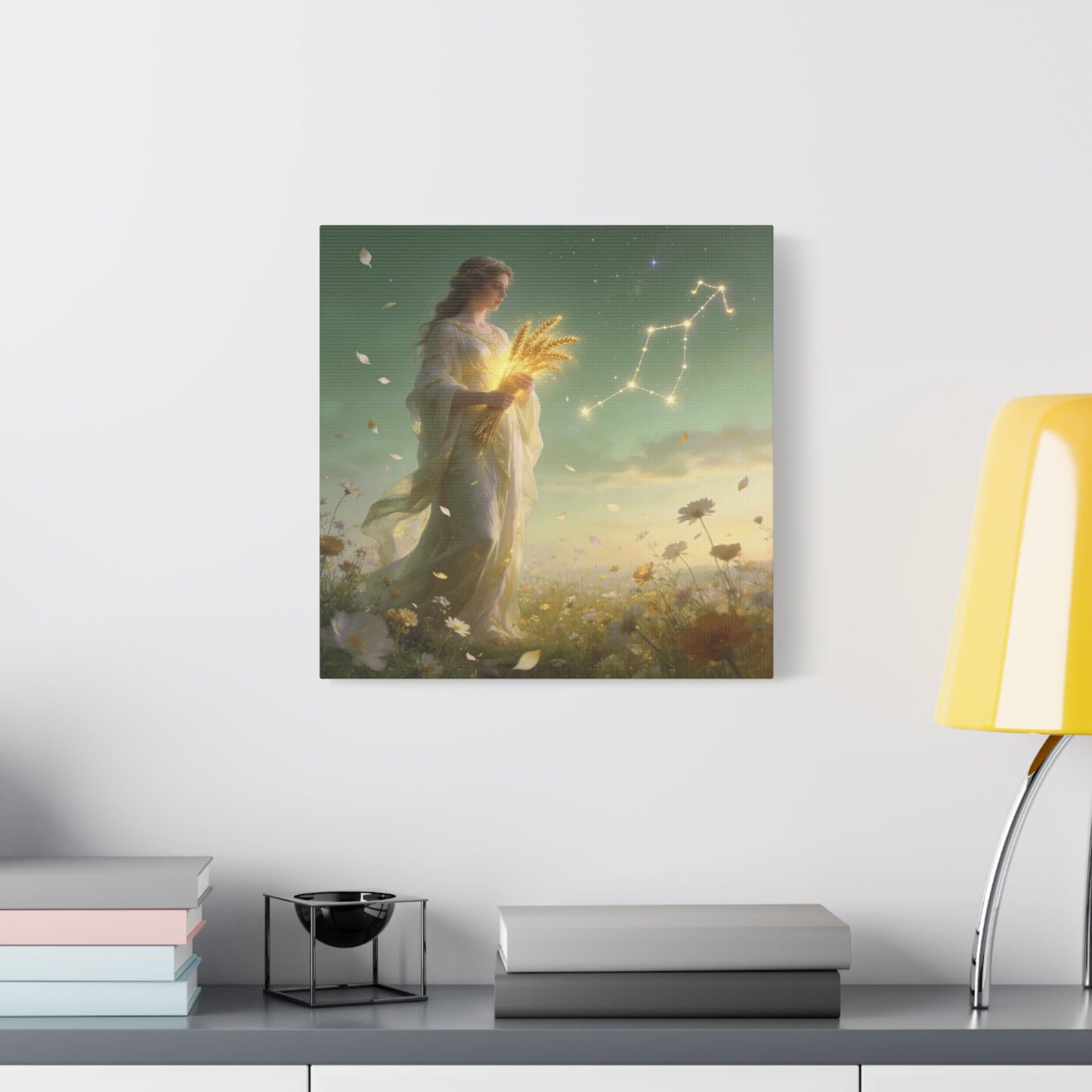 Virgo Maiden Canvas Wall Art - Celestial Wheat Goddess Illustration, Luminous Zodiac Sky, Matte Cotton Print, Bohemian Bedroom Decor, Meditation Space Accent, Ready To Hang - Living Room Wall Decor