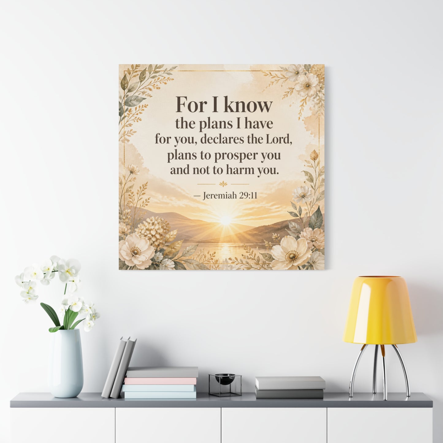 "For I Know The Plans I Have For You" Bible Verse Canvas Wall Art - Jeremiah 29:11 Floral Scripture Print, Gold Sunrise Landscape, Christian Wall Decor For Bedroom, Living Room - Ready to Hang