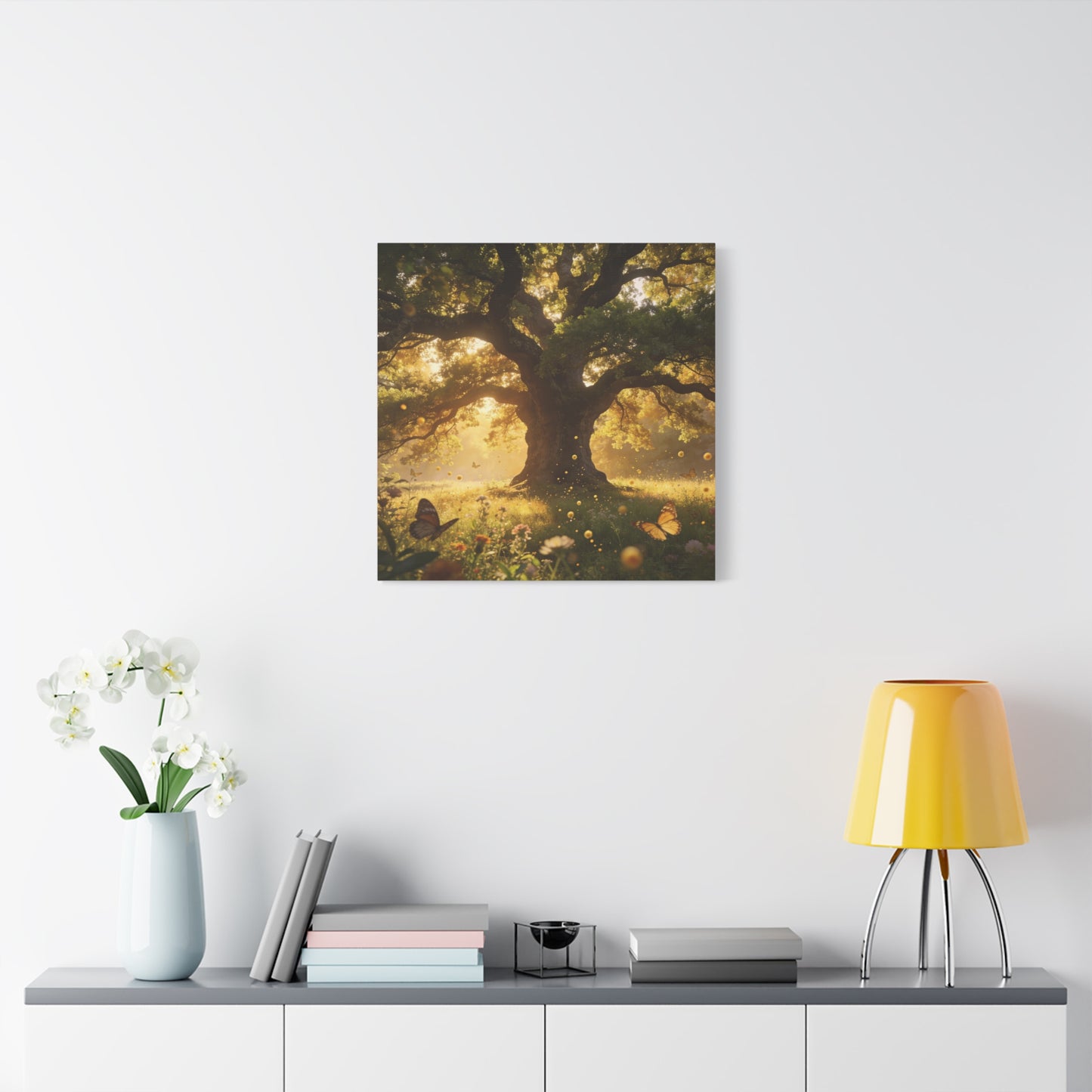 Sunlit Oak Tree Canvas Wall Art - Golden Meadow Butterflies, Nature Landscape Print - Matte Cotton Art Print, Traditional Style - Living Room Wall Decor, Bedroom Home Decoration - Ready to Hang