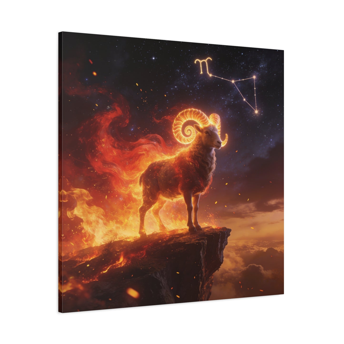 Aries Ram Canvas Wall Art - Fiery Zodiac Constellation Celestial Animal Print - Glowing Horns, Cosmic Night Sky - Contemporary Fantasy Style - Bedroom Home Decoration Office Wall Art - Ready to Hang
