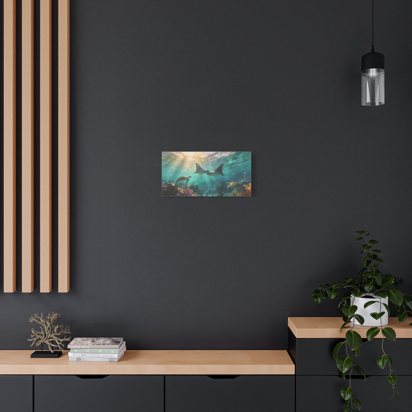 Manta Ray And Sea Turtle Canvas Wall Art - Underwater Ocean Reef Scene, Coastal Wall Decor - Matte Cotton Canvas Print - Contemporary Seascape Style - Living Room Bedroom Office - Ready to Hang