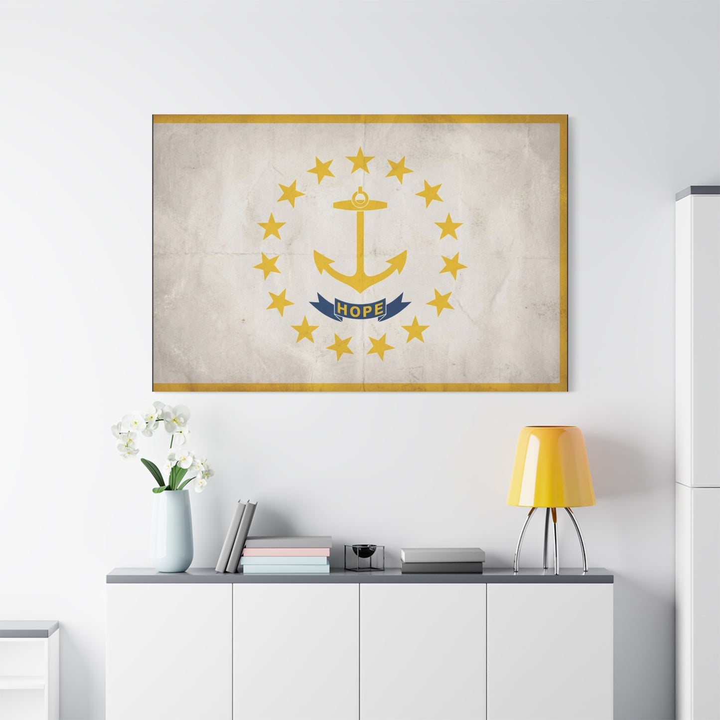 "HOPE" Rhode Island Flag Canvas Wall Art - Anchor And Stars State Print, Vintage Nautical Decor - Minimalist Gold Blue Design - Living Room Wall Decor - Bedroom Home Decoration - Cozy Reading Nook Art