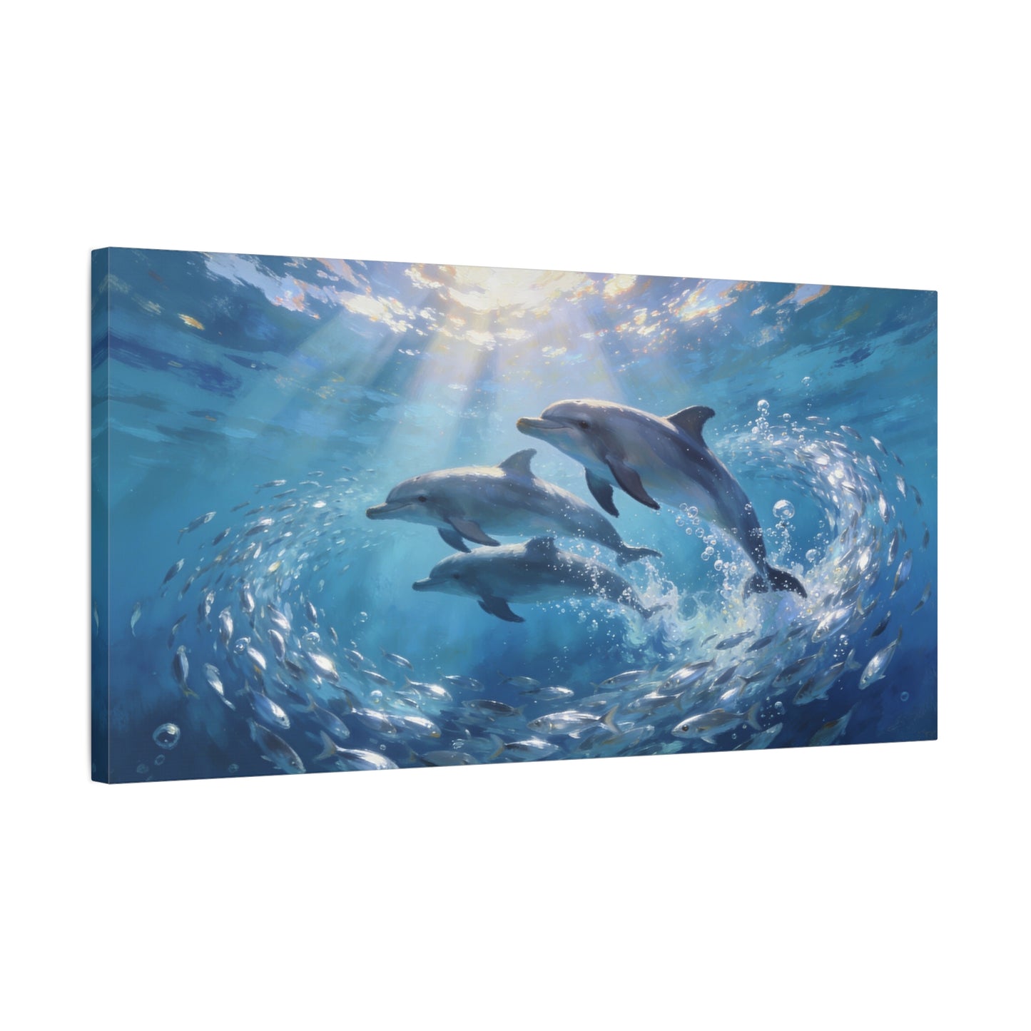 Dolphin Ocean Canvas Wall Art - Blue Underwater Marine Life Scene, Sunbeam Seascape Print - Coastal Style, Serene Living Room Wall Decor, Bedroom Home Decoration Accent - Bedroom Home Decoration